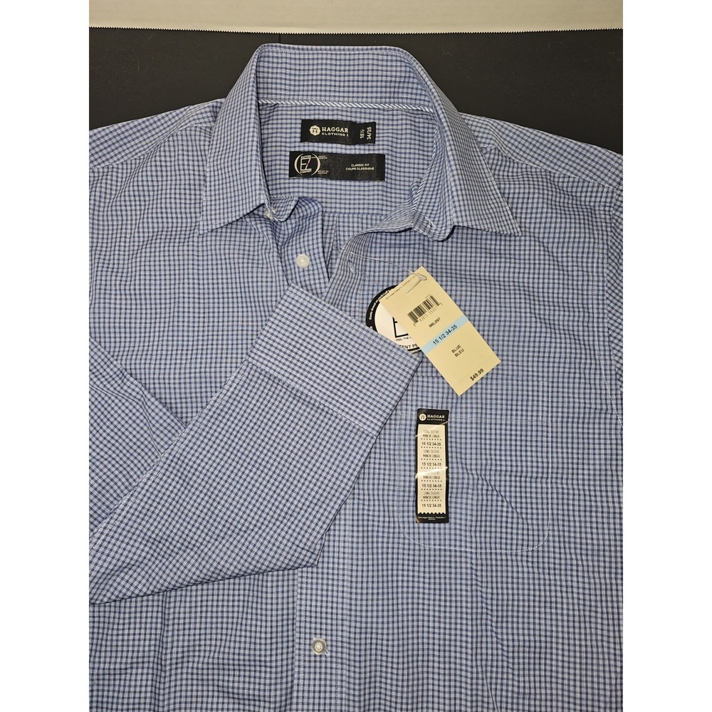 NWT Haggar blue plaid check button down work dress shirt men's L 15.5 34/35